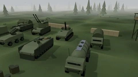 Forest motor pool mixed armour and emplacements Stock Footage 341387184