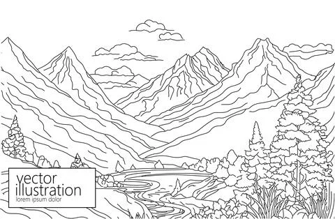 Forest with mountain line simple drawing background. Minimal outline art symbol 스톡 일러스트