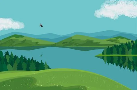 Forest on mountain river landscape background vector Stock Illustration
