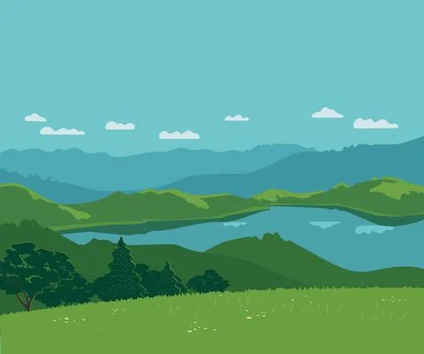 Forest on mountain river landscape background Stock Illustration