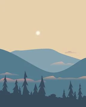Forest in mountain valley flat minimalist vector Stock Illustration