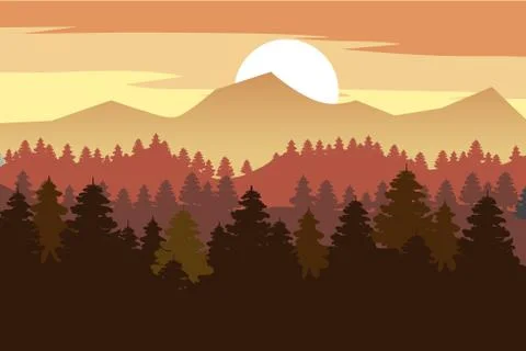 Forest, mountains, silhouettes of pine trees, firs, panorama, horizon, vector 스톡 일러스트