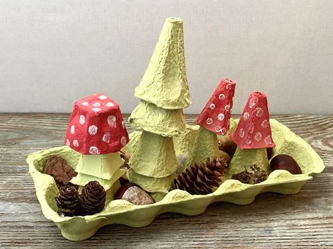 Forest with mushroom fly agaric, from processing egg boxes. kids craft Stock Photos