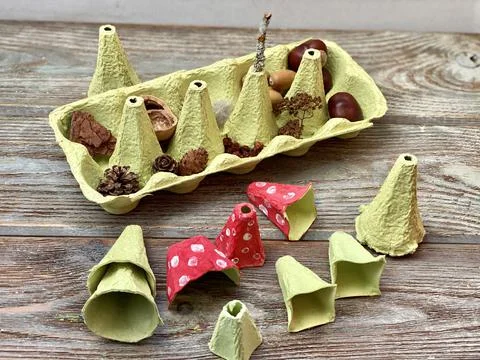 Forest with mushroom fly agaric, from processing egg boxes. kids craft Stock Photos