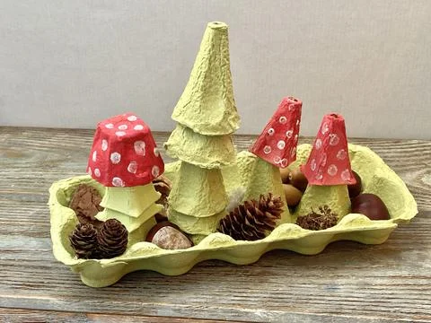 Forest with mushroom fly agaric, from processing egg boxes. kids craft Stock Photos