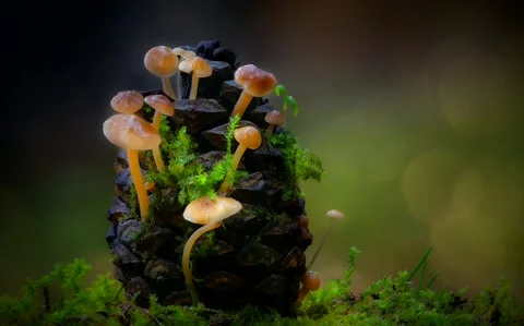 Forest Mushrooms Growing in Macro Close Up, Wild Fungi Nature 4K Video Stock Footage 341264063