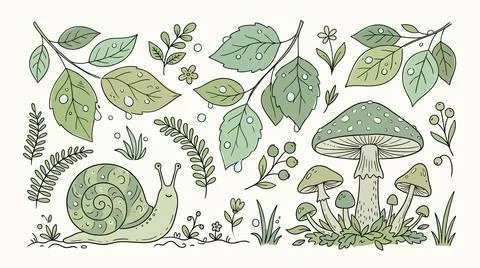 Forest nature elements collection including mushrooms snail leaves and gree.. Stock Illustration