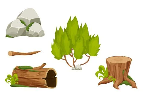 Forest nature elements landscape set with tree stump, sold trunk, bush, stone Stock Illustration