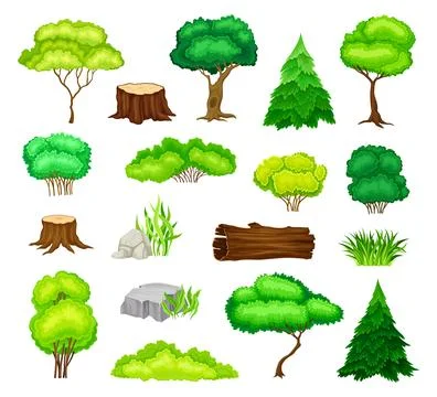 Forest Nature Elements with Tree, Stump, Log and Bush with Stone Big Vector Set Stock Illustration