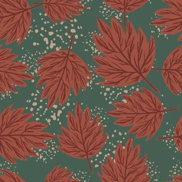 Forest nature seamless pattern with random ornament maroon leaves. Dark Stockillustratie