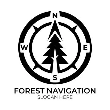 Forest Navigation Logo Design with Compass Rose and Pine Tree Stock Illustration