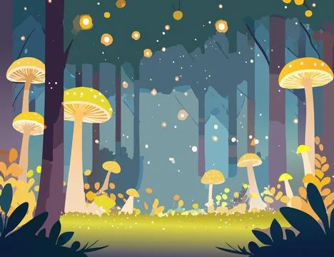 Forest night background with mushrooms. Vector illustration in flat style. Stock-Illustration