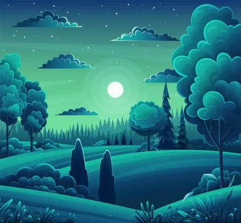 Forest night landscape, field, trees bushes, mixed forest, dark blue background Stock Illustration