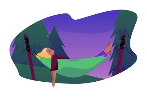 Forest night rest, depicted with a man in a hammock against the backdrop of a 스톡 일러스트