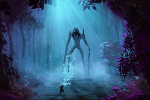 A forest night scene monster vs wizard 스톡 일러스트