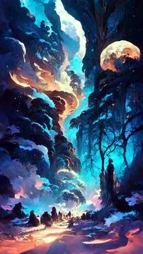 Forest in the night skystat 3D illustration 스톡 일러스트