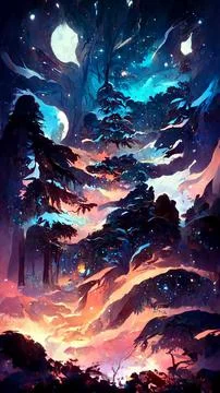 Forest in the night starry sky 3D illustration 스톡 일러스트