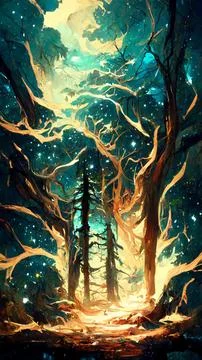 Forest in the night starry sky 3D illustration 스톡 일러스트