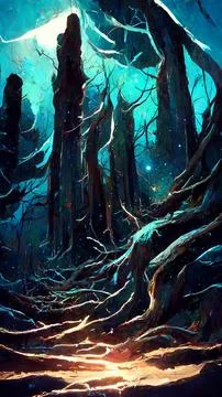 Forest in the night starry sky 3D illustration 스톡 일러스트