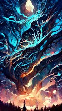 Forest in the night starry sky 3D illustration 스톡 일러스트
