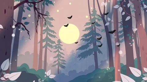 Forest at Night: Trees and Moon, Bats with the Full Moon, Sky shining brightly Stock Footage 307001305