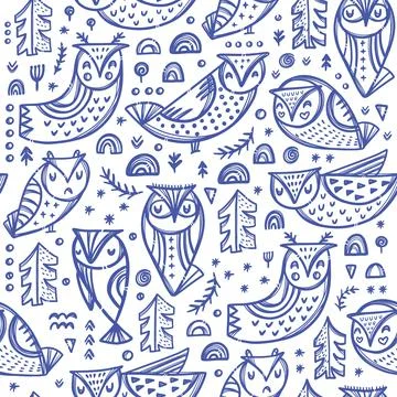 FOREST OWL Hand Drawn Seamless Pattern Vector Illustration Illustrazione stock