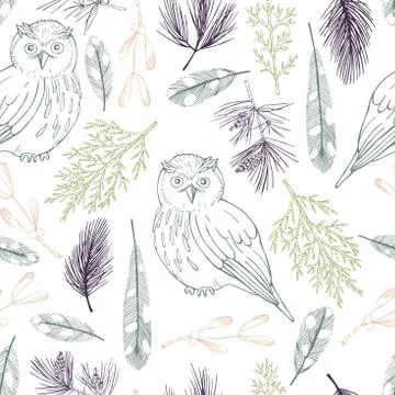Forest owls.Vector seamless pattern Illustrazione stock