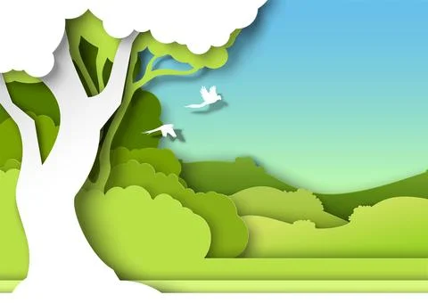 Forest paper cut background with trees and flying birds Stock Illustration