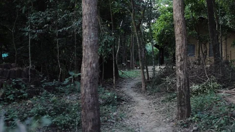 Forest path in front of a rural town in Nepal Stock Footage 92713793