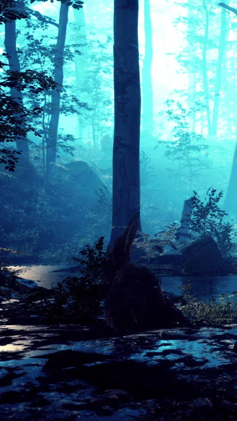 Forest path with mist and blue light during daytime hours Stock Footage 342644387