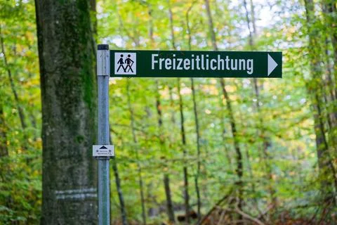 Forest path sign pointing right to Frieizeitlichtung means Leisure clearing Stock Photos