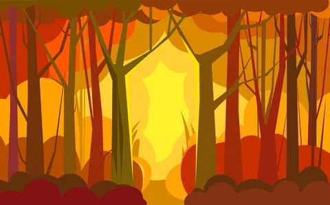 Forest path. trees illustration. Dense wild plants with tall, branched trunks Stock Illustration