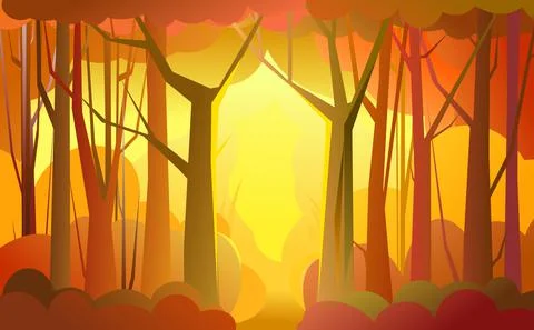 Forest pathway. trees illustration. Dense wild plants with tall, branched tru Stock Illustration