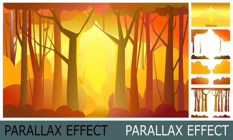 Forest pathway. Trees illustration. Dense wild plants with tall, branched tru Stock Illustration