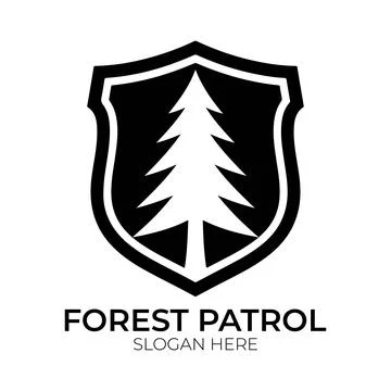 Forest Patrol Logo Design with Pine Tree Inside a Shield Stock Illustration