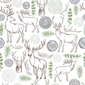 Forest pattern with deers. Vector seamless pattern Illustrazione stock