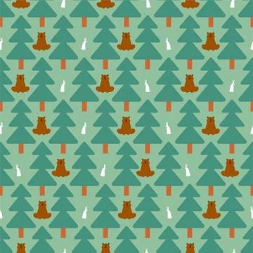 Forest pattern seamless. Bear and Hare. Trees and animals background. Baby Fa Illustrazione stock