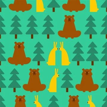 Forest pattern seamless. Bear and Hare. Trees and animals background. Baby Fa Stock Illustration