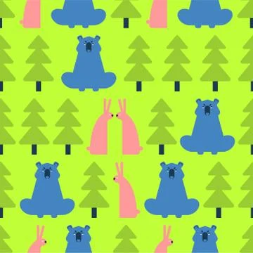 Forest pattern seamless. Bear and Hare. Trees and animals background. Baby Fa Illustrazione stock