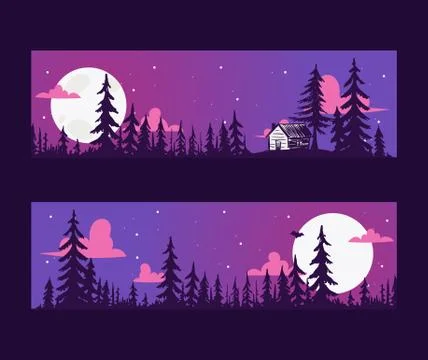 Forest pine tree banner with night scene vector evergreen natural silhouette Stock Illustration
