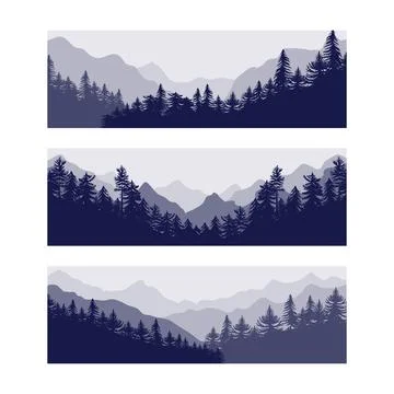 Forest. Pine trees silhouette, mountains simple shades. Horizon landscape wit Stock Illustration