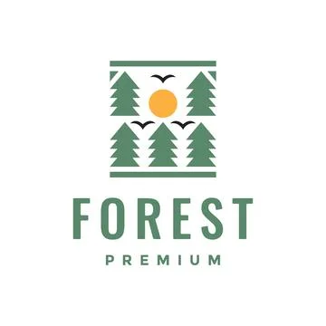 Forest pines trees simple style with birds colony and sunset logo design ve.. Stock Illustration
