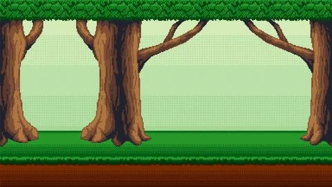 Forest pixel art background. 2d backdrop for 8-bit retro video game. イラスト素材
