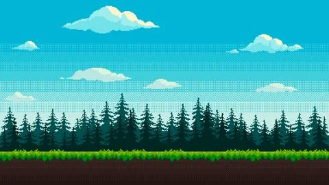 Forest pixel background. 2d pixel video game daytime with green grass, fir .. Stock Illustration