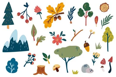 Forest plants elements. Hand draw Flowers, mountains, woodland trees, hemp, l 库存插图