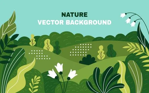Forest plants. Minimal green trees, flowers and leaves, garden poster with .. Stock Illustration