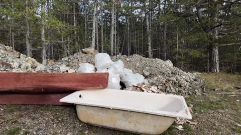 Forest Pollution, Abandoned Bathtub Debris Stock Footage 288832787