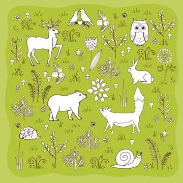 Forest poster with cute bear, fox, hedgehog, birds, bees, butterflies, mushro Stock Illustration