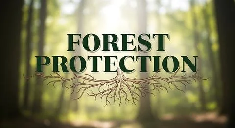 Forest protection title overlayed on blurred forest background, with promin.. Stock Illustration