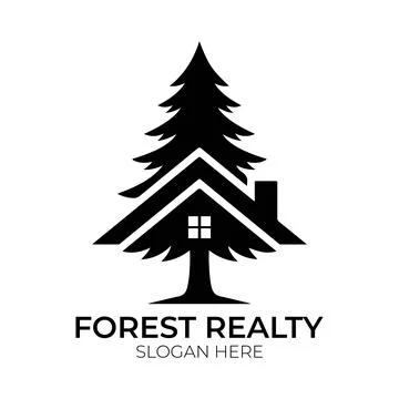 Forest Realty Logo Design with Pine Tree and Roof Stock Illustration